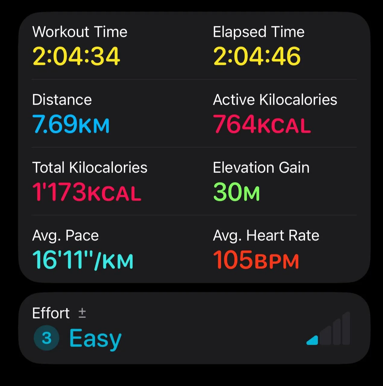Workout summary showing 7.69 km walked in 2:04:34, 764 active kcal, 1,173 total kcal, 30 m of elevation gain, a 16:11 per km average pace, and a 105 bpm average heart rate